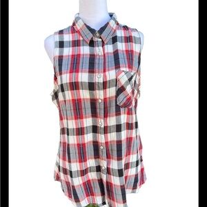 Shyanne Country Western Snap Front Sleeveless Red Black White Plaid Top L